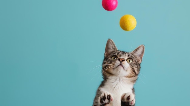 Foto um bonito gato tabby está sentado em um fundo azul olhando para duas bolas que foram jogadas no ar o gato está pronto e pronto para saltar