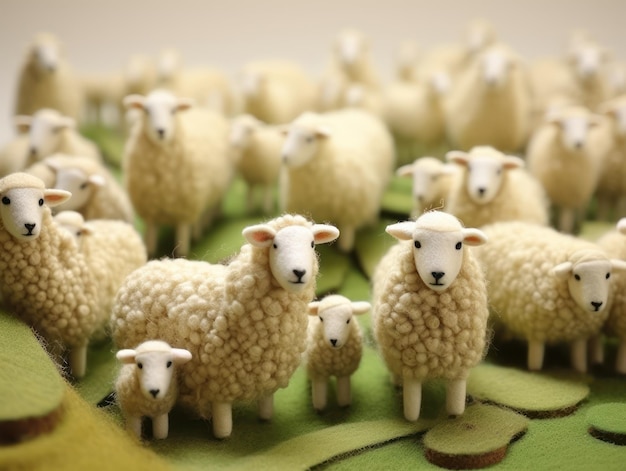 Um bonito grupo de ovelhas de lã feitas de feltro em grama verde