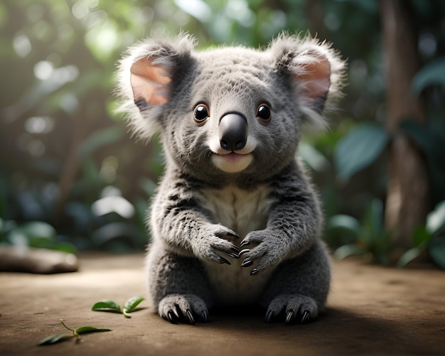Um bonito Kawaii minúsculo koala hiper realista com um fundo simples
