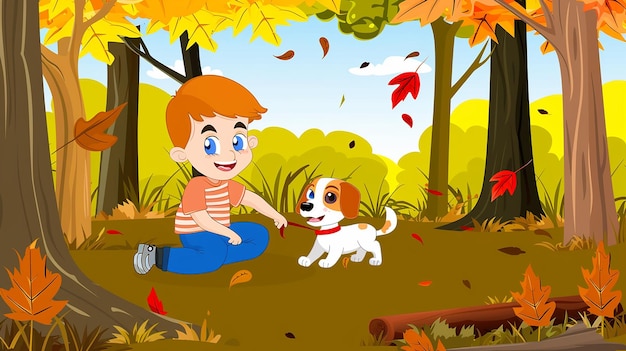 Um bonito menino de desenho animado e o seu cão na floresta