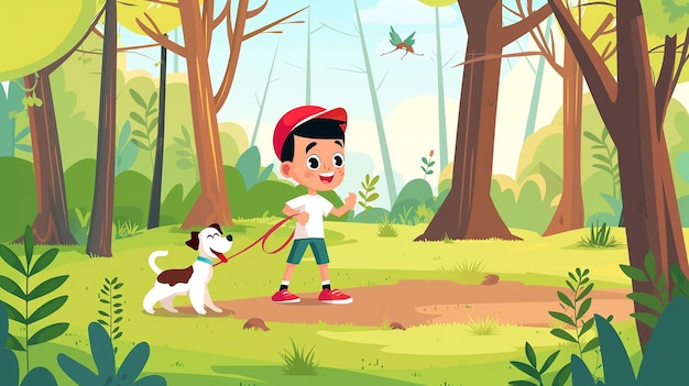 Um bonito menino de desenho animado e o seu cão na floresta