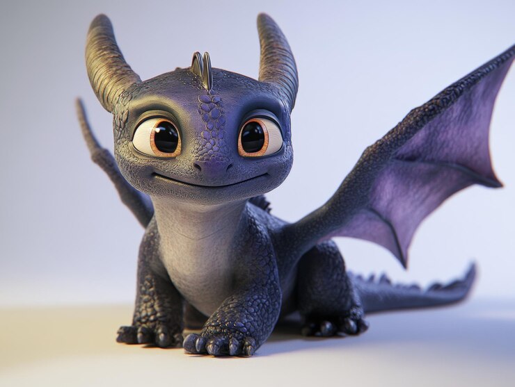 Foto um bonito personagem de dragão animado com olhos grandes e asas roxas exalando charme e brincadeira