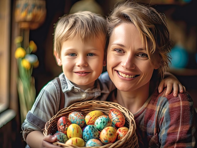 Um bonito retrato de família de uma mãe feliz e um bebê perto de uma cesta de Páscoa