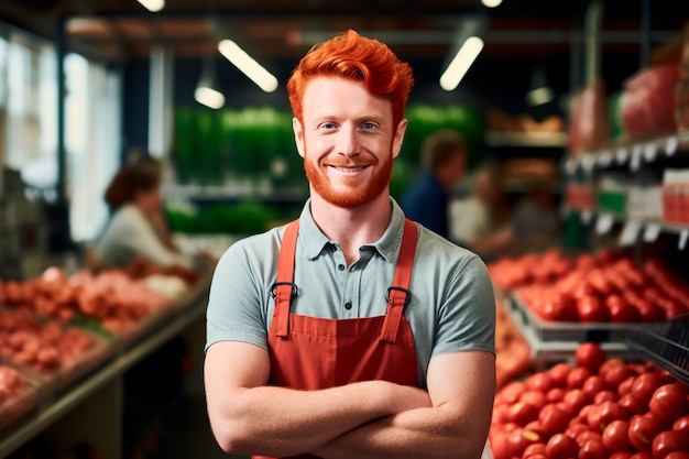 Um bonito trabalhador de supermercado em um fundo de legumes e frutas frescas