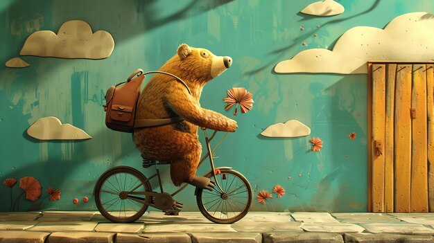 Um bonito urso de desenho animado anda de bicicleta O urso tem uma mochila e está carregando uma flor O fundo é uma parede azul com nuvens e uma porta