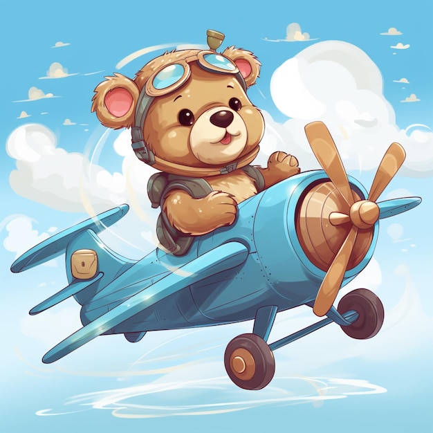 Foto um bonito urso de pelúcia está voando em um avião ilustração vetorial de um desenho animado