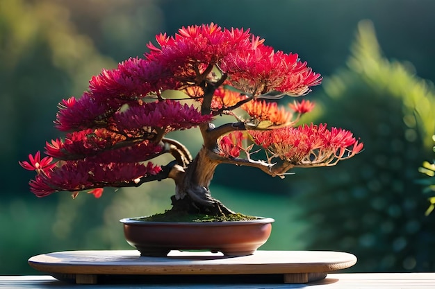 Um bonsai com um vaso de flores ao fundo.