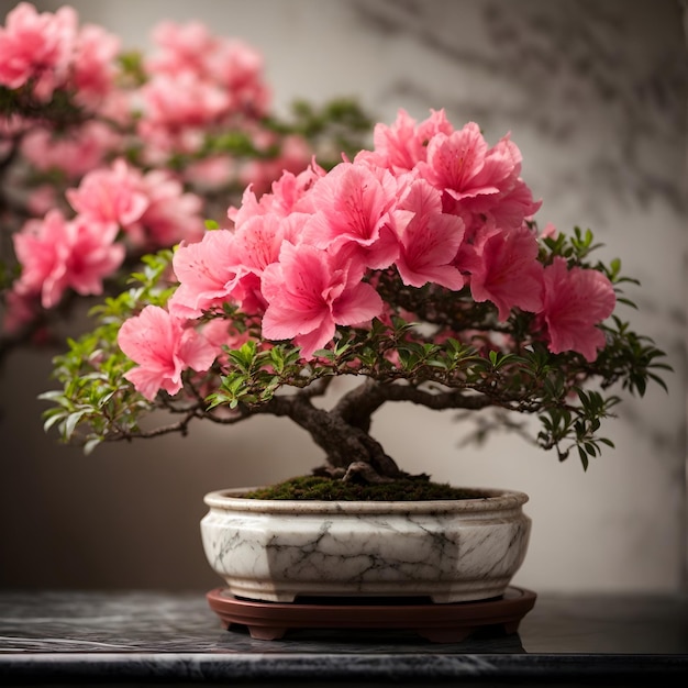 Foto um bonsai de azalea deslumbrante em um vaso de mármore em pano de fundo borrado isolado