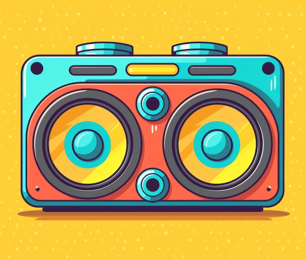 Um boombox colorido com um fundo azul e laranja.