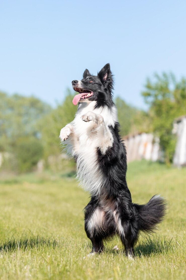 Um border collie em pé sobre as patas traseiras