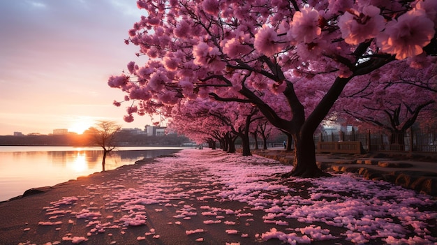 Foto um bosque de flores de cerejeira ao amanhecer fundo da natureza com tons de rosa suave