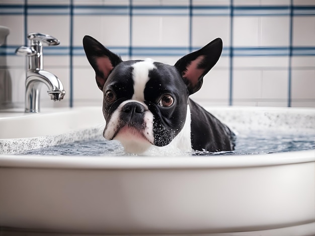Um boston terrier tomando banho em uma pia Gerar Ai