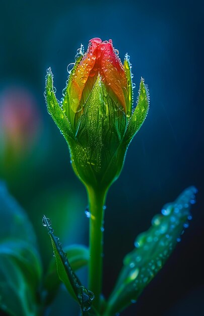 Foto um botão de flor com gotas de água nele