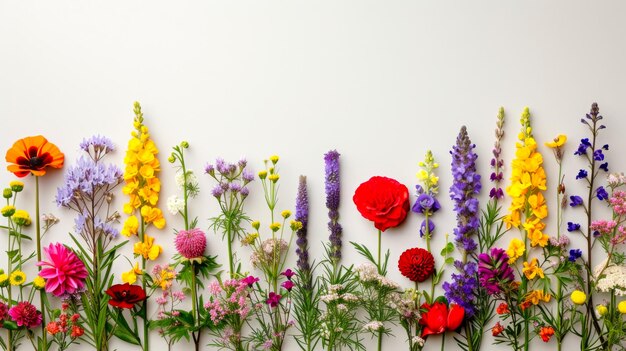 Um bouquet colorido de flores é arranjado em uma fila com uma variedade de cores