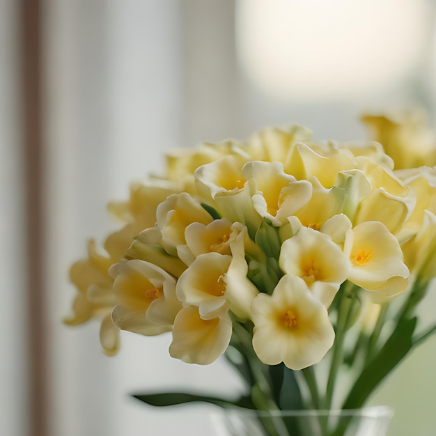 um bouquet de flores amarelas em um vaso com as palavras "quota de primavera" na parte inferior