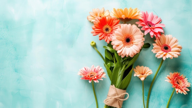 Um bouquet de flores cor-de-rosa e laranja dispostas em um vaso mostrando cores vibrantes e frescura