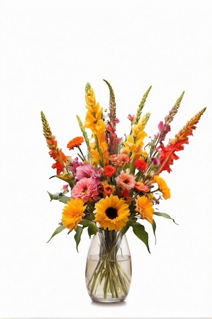 Um bouquet de flores de verão em um vaso de vidro impressionante em fundo branco