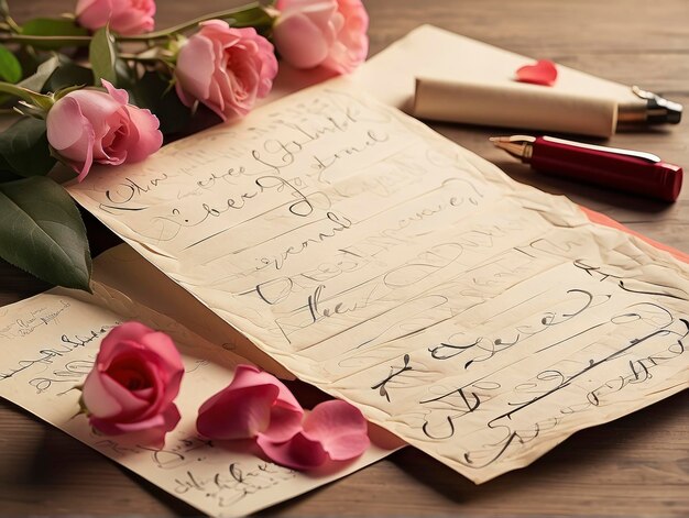 Foto um bouquet de flores e uma carta em uma mesa com uma caneta