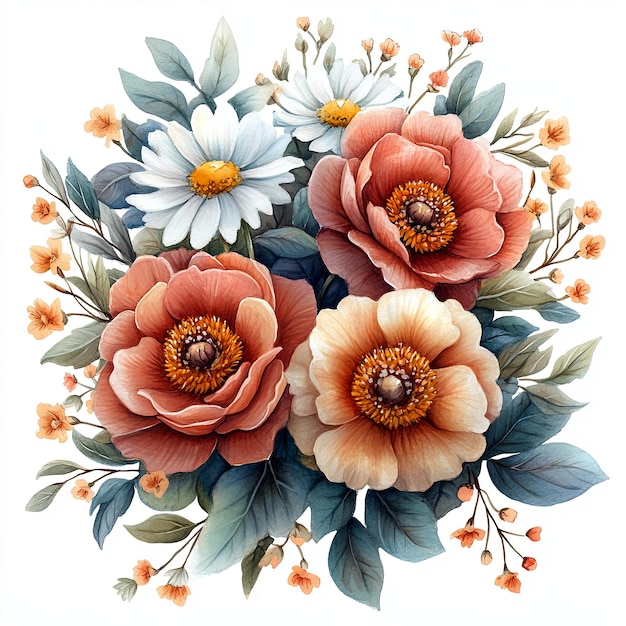 Um bouquet de flores pastel em aquarela caprichoso