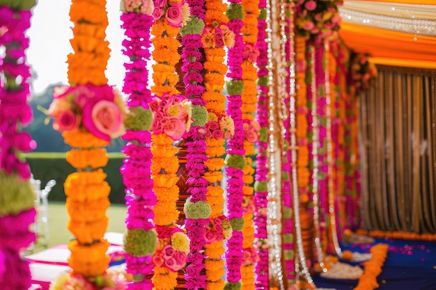 Um bouquet de flores suspensas do teto em um cenário interior com luz brilhando sobre eles casamento indiano colorido com um mandap decorado e guirlandas de flores vibrantes AI Gerado