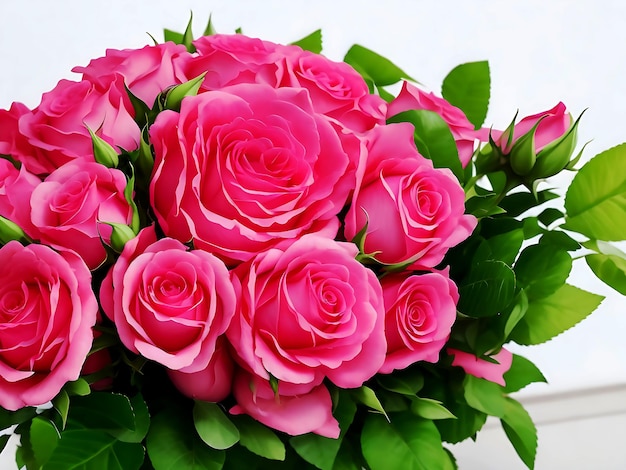 Um bouquet de rosas frescas cor-de-rosa e magenta em vaso de vidro isolado em fundo branco