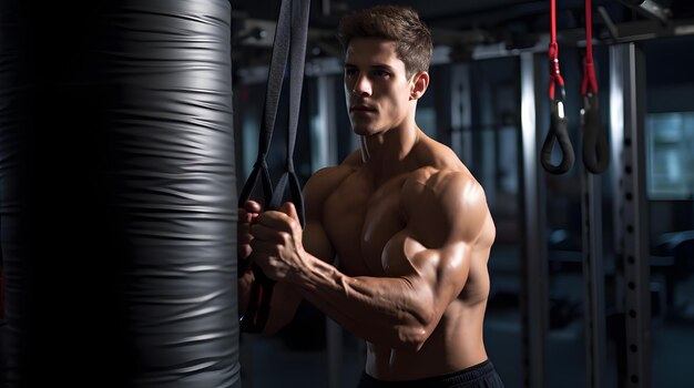 Um boxeador a treinar num saco de boxe num ginásio mal iluminado