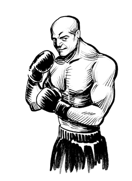 Um boxeador com uma bolsa preta no short está usando uma faixa preta.