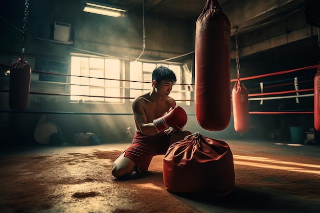 Um boxeador em um ringue de boxe com um saco de luvas de boxe
