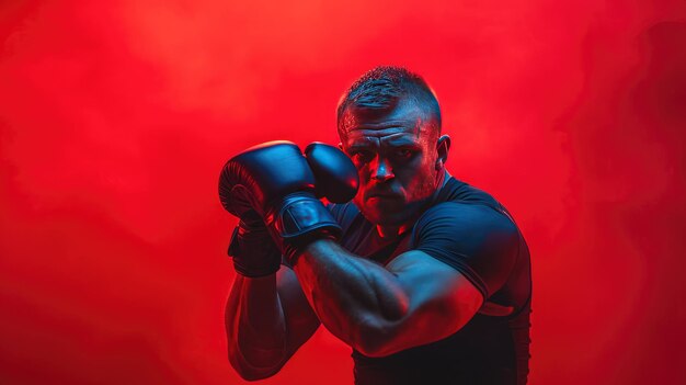 Um boxeador poderoso usando luvas dando um forte soco no saco