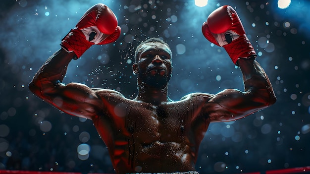 Foto um boxeador triunfante levantando os braços em vitória celebrando uma vitória merecida no ringue foto r