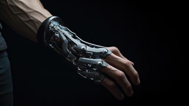 Um braço de homem com uma mão robótica tecnologia futurística para auxiliar nas atividades diárias