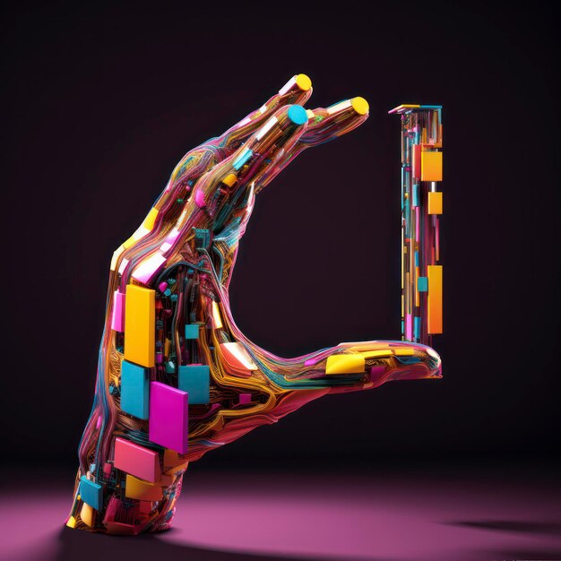 Foto um braço humano passando por um quadro e saindo como um modelo de mão 3d virtual