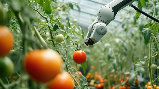 Um braço robótico está colhendo tomates em uma estufa