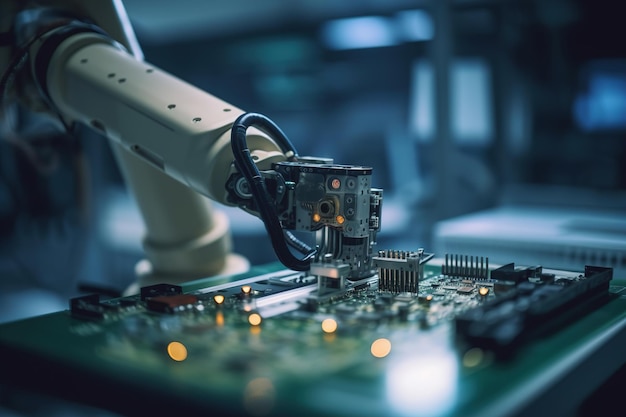 Um braço robótico montando uma placa de circuito em IA generativa de fábrica