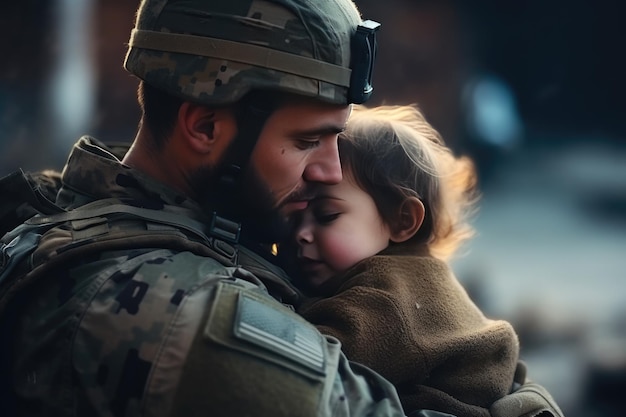 Um bravo soldado segura ternamente uma criança nos braços.