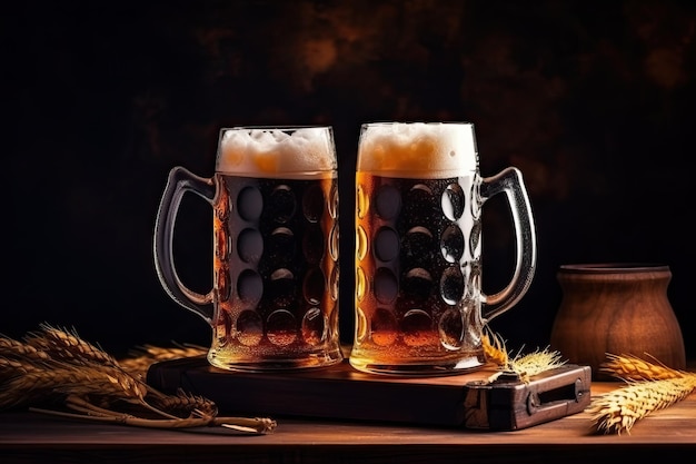 Um brinde à amizade, duas canecas de cerveja na madeira