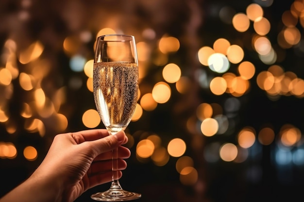 Um brinde à época festiva com a mão de uma mulher elegantemente segurando um copo de champanhe cercada pelo brilho encantador das luzes de férias