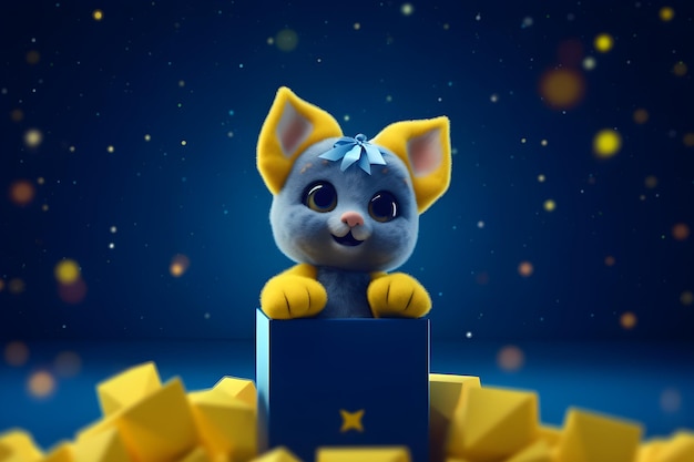 Um brinquedo azul e amarelo com uma caixa amarela que diz 'estrela' nela
