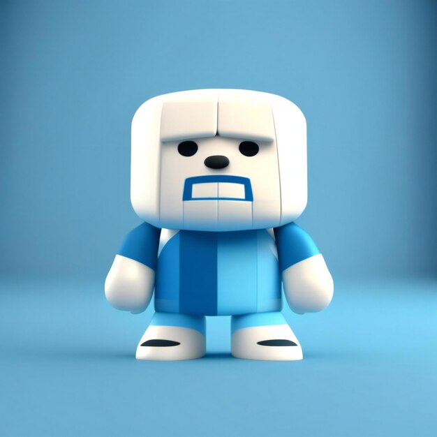 um brinquedo azul e branco com uma cara triste está sobre uma superfície azul.