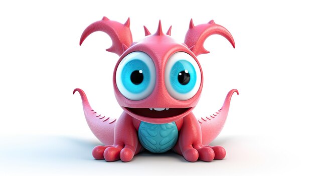 Um brinquedo de dragão rosa com olhos azuis e um olho azul.