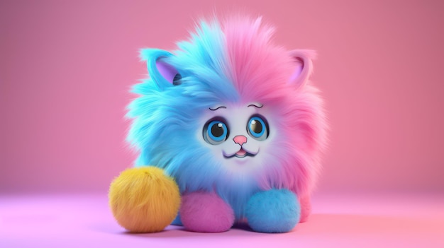 Um brinquedo de gato rosa e azul com um pelo rosa e azul.