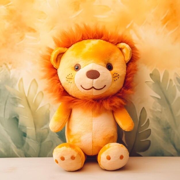 Um brinquedo de pelúcia de leão fofo contra um fundo liso no estilo de imagens peculiares de animais