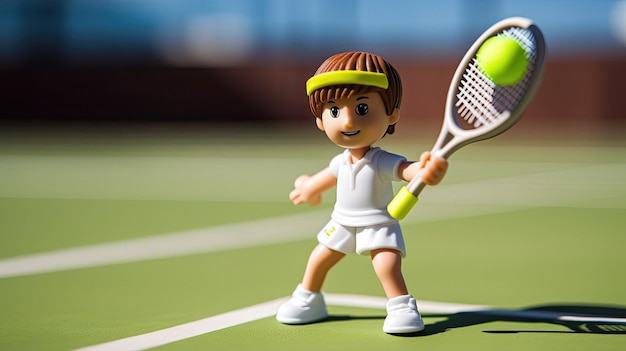 Um brinquedo de tenista com uma raquete no chão