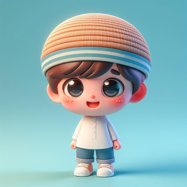 um brinquedo de um menino usando um chapéu com um chapéu nele