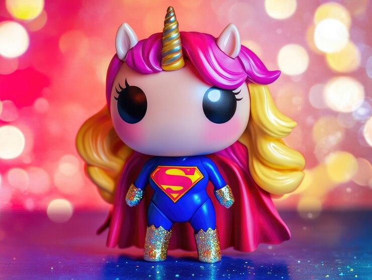 Foto um brinquedo de uma boneca de super-herói com uma capa rosa e uma capa rosa