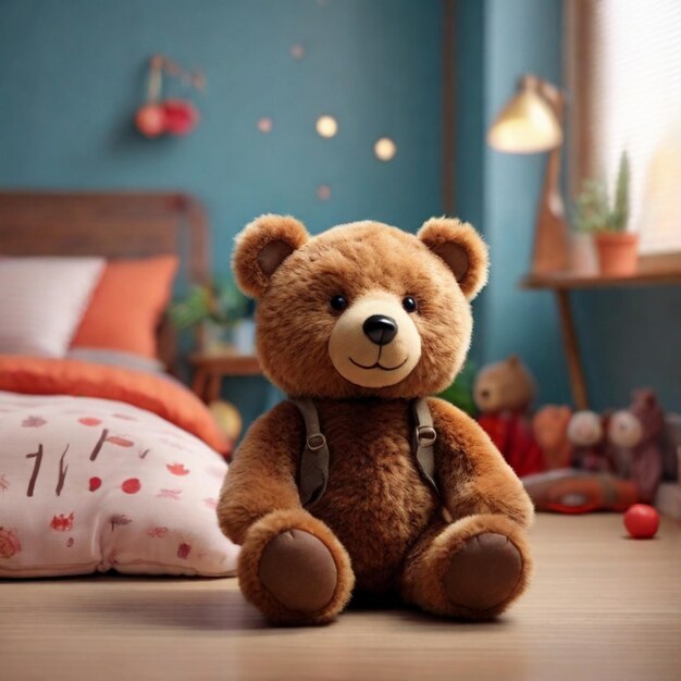 Um brinquedo de urso de pelúcia de cor castanha no fundo de uma sala deslumbrante