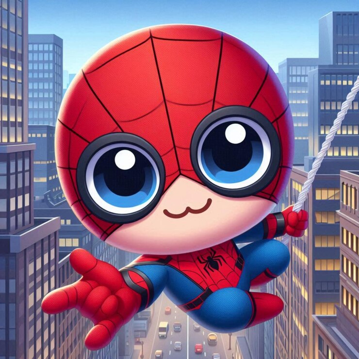 Foto um brinquedo do homem-aranha está voando sobre uma rua movimentada da cidade.