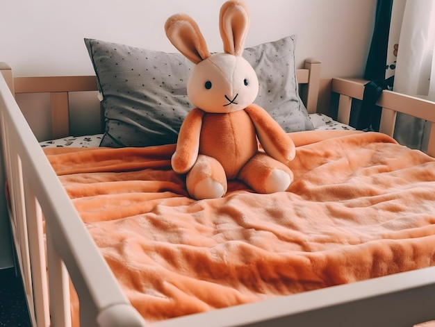 Um brinquedo macio sentado na cama de uma criança