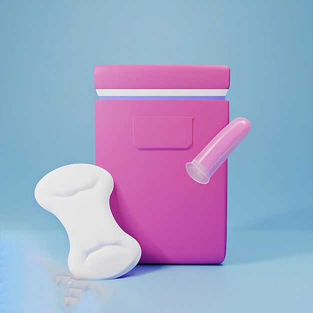 Foto um brinquedo rosa e branco está ao lado de um recipiente rosa com uma tampa rosa.
