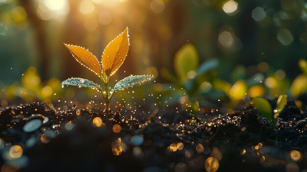 Foto um broto de folhas verdes úmidas surgindo do chão generative ai